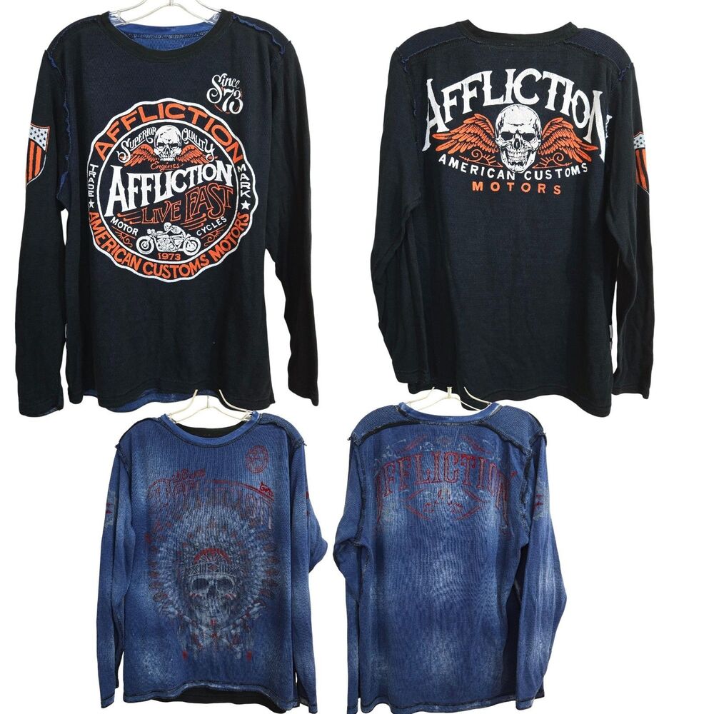 Affliction Vtg Y2K Mens XL Reversible L/S Thermal Waffle t Shirt Grunge skull